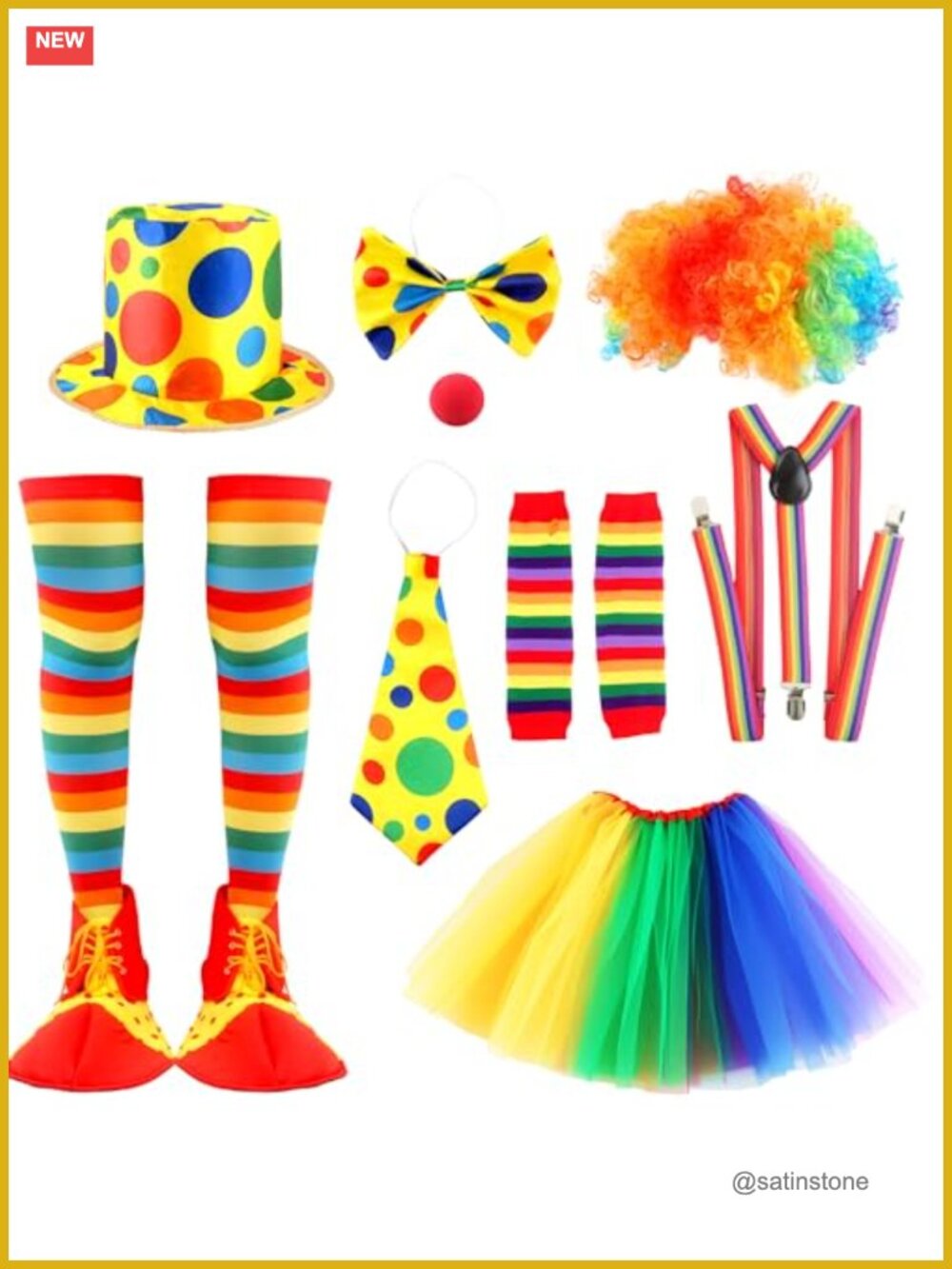 10 Pc Clown Costume Set Rainbow Tutu Skirt Wig Hat Nose Cosplay